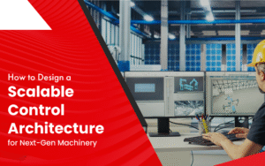 Engineer working at dual monitors displaying 3D machinery models inside an industrial facility, with text overlay reading “How to Design a Scalable Control Architecture for Next-Gen Machinery.