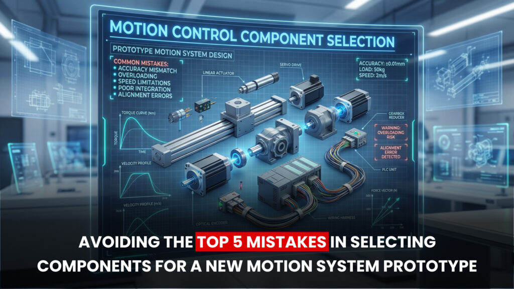 Motion control component selection diagram showing servo motor, linear actuator, gearbox, and PLC with tips on avoiding common prototype design mistakes