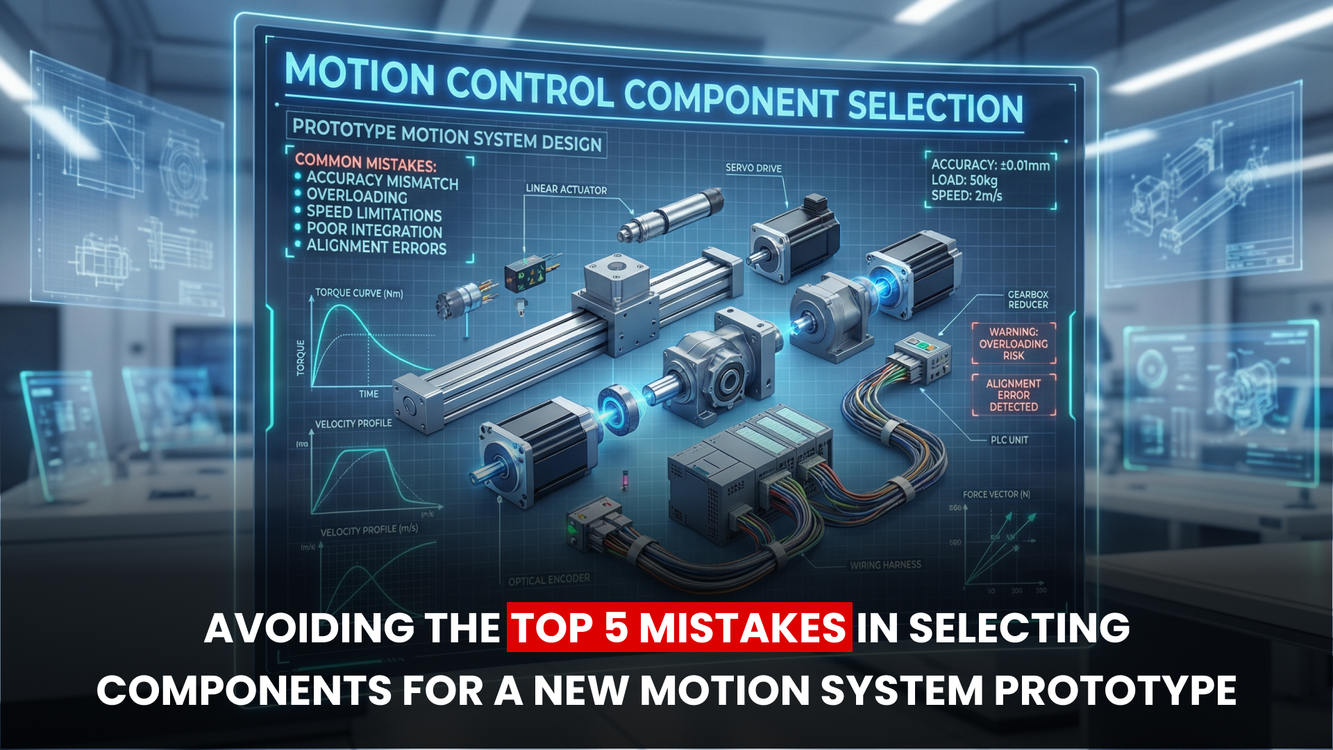Motion control component selection diagram showing servo motor, linear actuator, gearbox, and PLC with tips on avoiding common prototype design mistakes