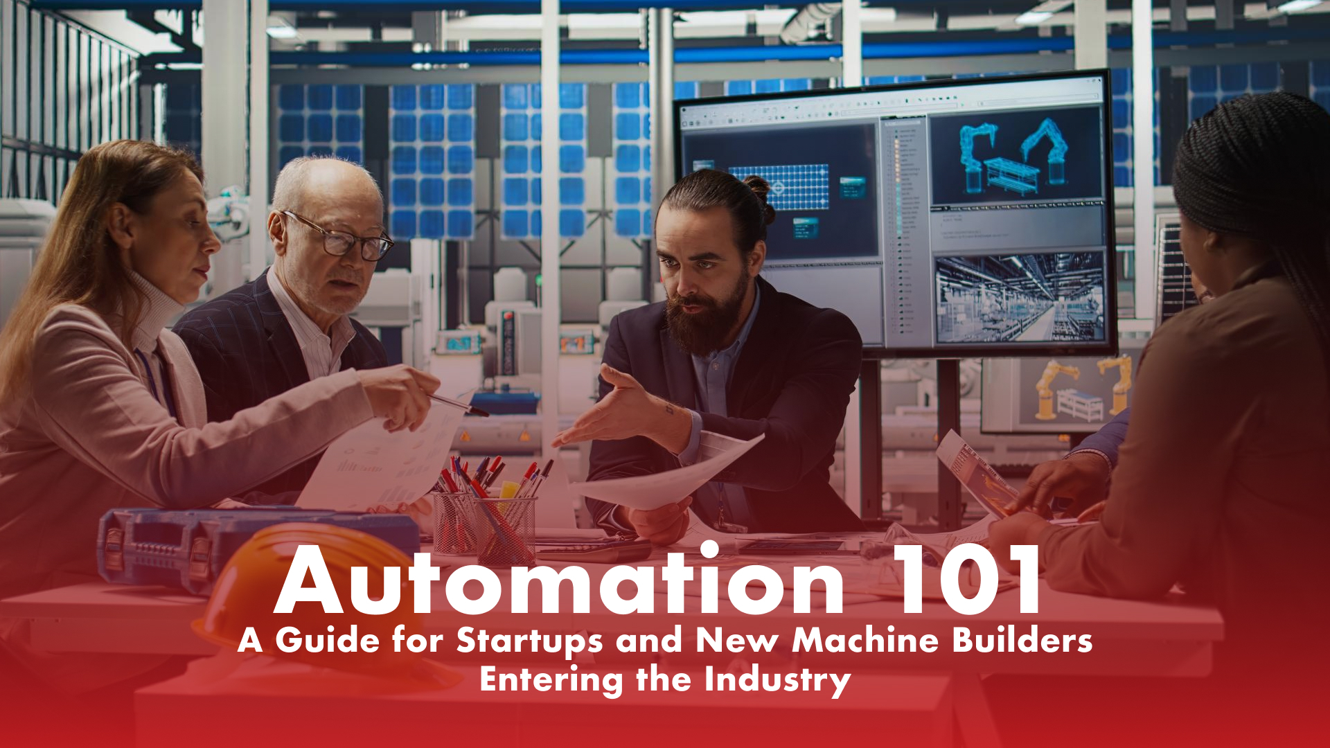 Guide to industrial automation for startups showing engineers working on machine building and robotics design